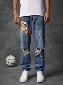 SPACE JAM: A NEW LEGACY X SHEIN Men Cartoon Graphic Ripped Straight Leg Jeans