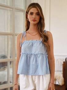 SHEIN Frenchy In sọc Lá sen tỉa Cami ngọn - Xanh và trắng - Xem 5