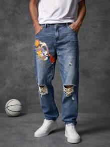 SPACE JAM: A NEW LEGACY X SHEIN Men Cartoon Graphic Ripped Straight Leg Jeans