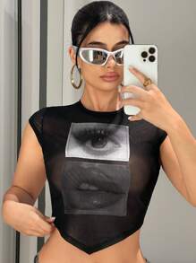 SHEIN ICON 人像圖案網紗上衣 - 黑色 - 查看 4