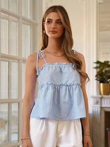 SHEIN Frenchy In sọc Lá sen tỉa Cami ngọn - Xanh và trắng - Xem 7
