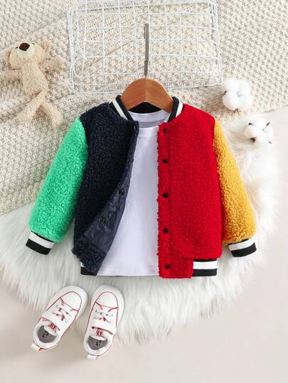 Baby Girl Colorblock Striped Trim Teddy Varsity Jacket Without Tee