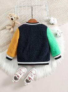 Baby Girl Colourblock Striped Trim Teddy Varsity Jacket Without Tee - Multicolor - View 2