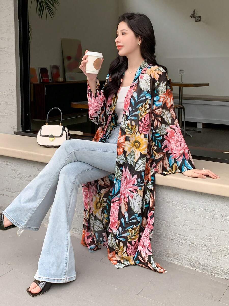 DAZY Allover Floral Print Open Front Kimono - Black - View 1