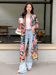 DAZY Allover Floral Print Open Front Kimono - Black - View 3