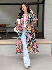 DAZY Allover Floral Print Open Front Kimono - Black - View 4