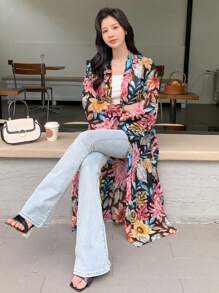 DAZY Allover Floral Print Open Front Kimono - Black - View 5