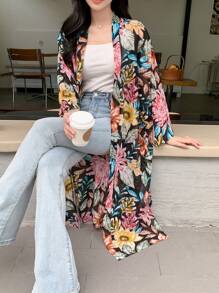 DAZY Allover Floral Print Open Front Kimono - Black - View 6