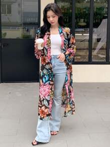 DAZY Allover Floral Print Open Front Kimono - Black - View 7