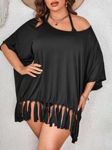 SHEIN Swim Curve Plus Fringe Hem Batwing Sleeve Cover Up - Black - View 1
