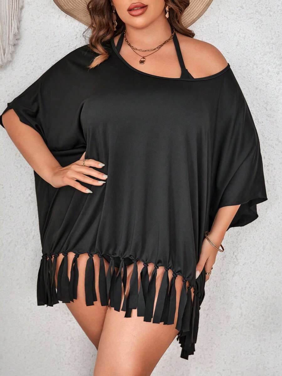 SHEIN Swim Curve Plus Fringe Hem Batwing Sleeve Cover Up - Black - View 1