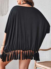 SHEIN Swim Curve Plus Fringe Hem Batwing Sleeve Cover Up - Black - View 2