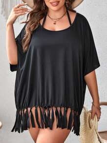 SHEIN Swim Curve Plus Fringe Hem Batwing Sleeve Cover Up - Black - View 3