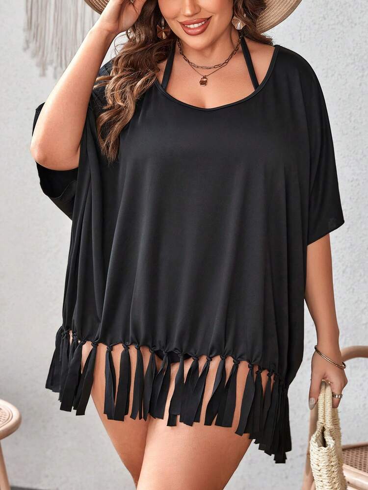 SHEIN Swim Curve 大碼流蘇下擺蝙蝠袖罩衫 - 黑色 - 查看 5