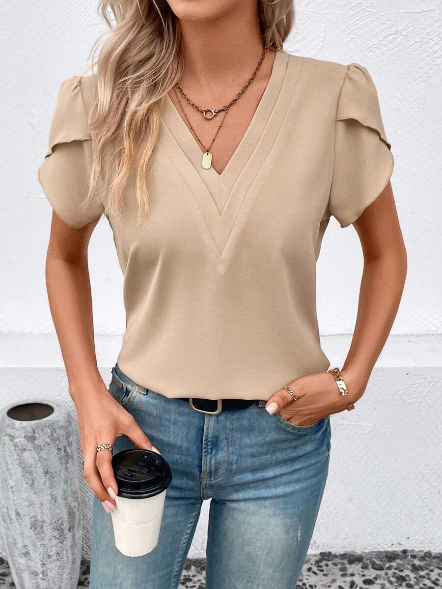 SHEIN LUNE 花瓣袖V領襯衫 - 卡其色 - 查看 1