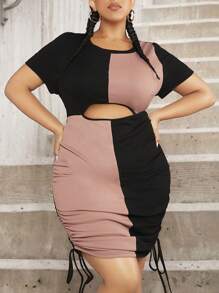 SHEIN CURVE+ 大碼雙色鏤空側抽繩緊身連衣裙 - 彩色 - 查看 1