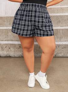 SHEIN CURVE+ 大碼格紋印花闊腿短褲 - 藏蓝色 - 查看 1