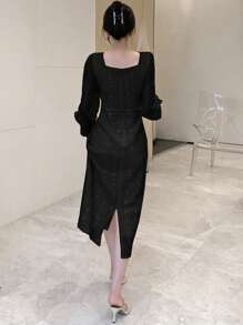 DAZY Đầm dạ hội tay loe cổ tim trơn, đầm dạ hội thanh lịch cho nữ mùa thu - màu đen - Xem 2