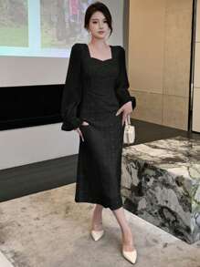 DAZY Đầm dạ hội tay loe cổ tim trơn, đầm dạ hội thanh lịch cho nữ mùa thu - màu đen - Xem 3