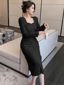 DAZY Đầm dạ hội tay loe cổ tim trơn, đầm dạ hội thanh lịch cho nữ mùa thu - màu đen - Xem 4