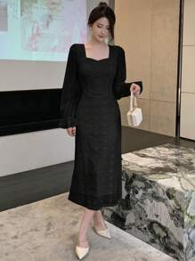 DAZY Đầm dạ hội tay loe cổ tim trơn, đầm dạ hội thanh lịch cho nữ mùa thu - màu đen - Xem 5