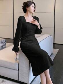 DAZY Đầm dạ hội tay loe cổ tim trơn, đầm dạ hội thanh lịch cho nữ mùa thu - màu đen - Xem 6