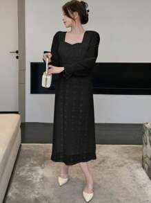 DAZY Đầm dạ hội tay loe cổ tim trơn, đầm dạ hội thanh lịch cho nữ mùa thu - màu đen - Xem 7