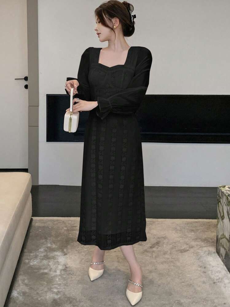 DAZY Đầm dạ hội tay loe cổ tim trơn, đầm dạ hội thanh lịch cho nữ mùa thu - màu đen - Xem 7