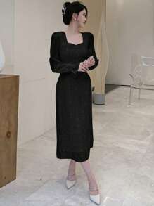 DAZY Đầm dạ hội tay loe cổ tim trơn, đầm dạ hội thanh lịch cho nữ mùa thu - màu đen - Xem 8