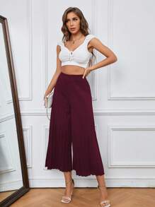 SHEIN LUNE Pantalones de pierna ancha unicolor fruncido - Burdeos - Ver 1