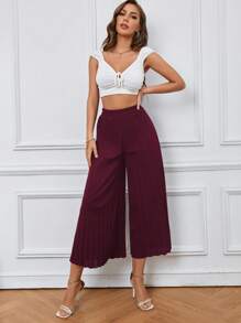 SHEIN LUNE Pantalones de pierna ancha unicolor fruncido - Burdeos - Ver 3