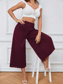 SHEIN LUNE Pantalones de pierna ancha unicolor fruncido - Burdeos - Ver 4
