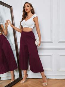 SHEIN LUNE Pantalones de pierna ancha unicolor fruncido - Burdeos - Ver 5