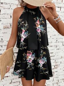 SHEIN VCAY 印花掛脖上衣&短褲 - 黑色 - 查看 3