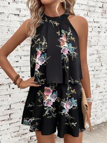 SHEIN VCAY 印花掛脖上衣&短褲 - 黑色 - 查看 1