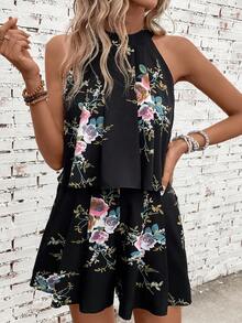 SHEIN VCAY 印花掛脖上衣&短褲 - 黑色 - 查看 4