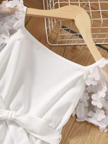 女大童貼花網紗袖連衣裙