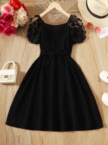 SHEIN Cô gái Tween Lưới tương phản Đèn treo tường Ống tay áo Váy có thắt lưng - màu đen - Xem 1