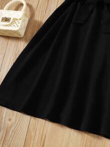 SHEIN Cô gái Tween Lưới tương phản Đèn treo tường Ống tay áo Váy có thắt lưng - màu đen - Xem 3