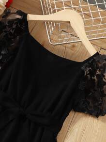 SHEIN Cô gái Tween Lưới tương phản Đèn treo tường Ống tay áo Váy có thắt lưng - màu đen - Xem 4