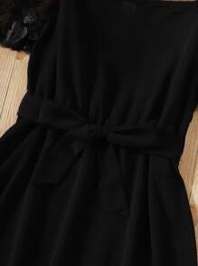 SHEIN Cô gái Tween Lưới tương phản Đèn treo tường Ống tay áo Váy có thắt lưng - màu đen - Xem 5