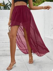 SHEIN VCAY Solid Asymmetrical Hem Skirt - Burgundy - View 1