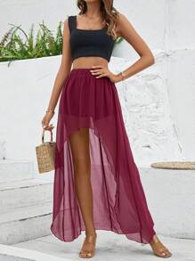 SHEIN VCAY Solid Asymmetrical Hem Skirt - Burgundy - View 3