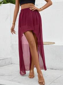 SHEIN VCAY Solid Asymmetrical Hem Skirt - Burgundy - View 4