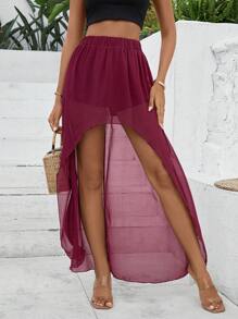 SHEIN VCAY Solid Asymmetrical Hem Skirt - Burgundy - View 5
