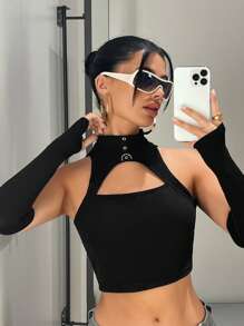 SHEIN ICON Áo ba lỗ crop top đen hở phía trước có tay áo - màu đen - Xem 4