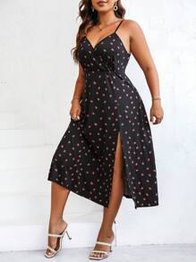 SHEIN Franclia 大碼草莓圖案高衩吊帶洋裝 - 黑色 - 查看 4