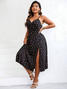 SHEIN Franclia 大碼草莓圖案高衩吊帶洋裝 - 黑色 - 查看 5