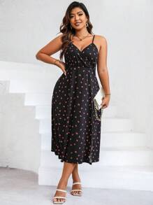 SHEIN Franclia 大碼草莓圖案高衩吊帶洋裝 - 黑色 - 查看 6