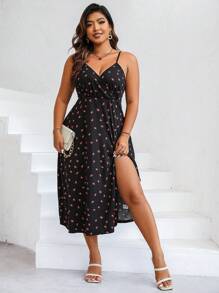 SHEIN Franclia 大碼草莓圖案高衩吊帶洋裝 - 黑色 - 查看 7